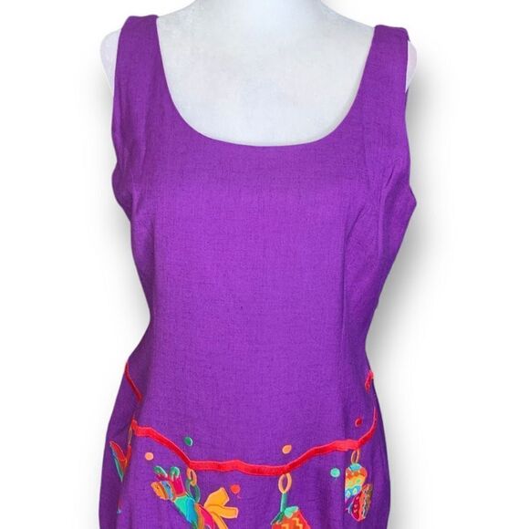 Vintage 90s Maxi Sundress Purple Mexican Fiesta Embroidered Linen Blend Size 10P - Picture 3 of 11